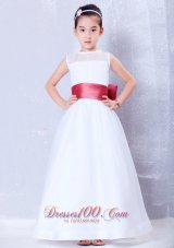 White Flower Girl Dress Wine Red Belt Ankle-length