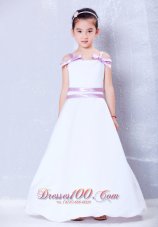 White Flower Girl Dress With Lavender Sash and Straps