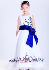 White Blue A-line Scoop Embroidery Flower Girl Dress