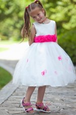 Hot pink Belt and Flowers Tea-length White Girls Dress
