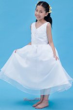 V-neck White Little Girl Dress Ankle Length Appliques