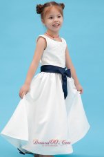 Affordable White Little Girl dress A Line with Black bow