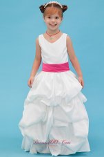 White A-line Pleated Flower Girl Dress with Pink Belt