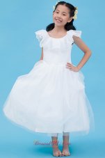 White Scoop Flower Girl Dress Cap Sleeve Ankle Length