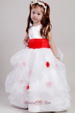 White Girl Pageant Dress Red Waistband and Flowers