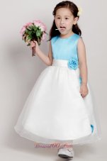 Blue and White Flower Girl Pageant Dress Hand Made Flower