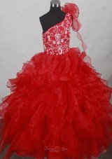 Red One Shoulder Flower Girl Dress Ruffled Layers Embroidery