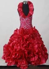 Red Hand Made Flowers Flower Girl Pageant Dress