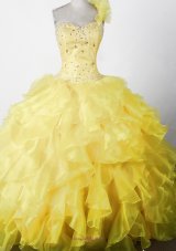 Elegant Beading Ruffles Yellow One Shouldder Pageant Dress