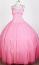 Rose Pink Haltered Beaded Ball Gown Girl Pageant Dress