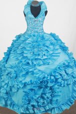 Hand Made Flowers Blue Little Girl Pageant Dress