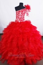 Blood Red One Shoulder Ruffled Pageant Dress Embroidery