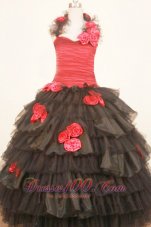 Floral Halter Sweet Sixteen Gowns Black and Red Ruffles