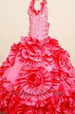 Unique Design Coral Red Pageant Dresses Rolling Flowers