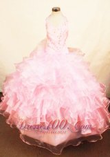Halter Cascading Ruffles Baby Pink Pageant Dresses Lace up