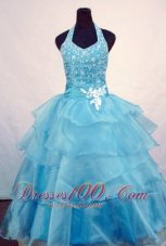 Custom Made Light Blue Halter Pageant Gowns Beading Layer