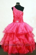 Beading One Shoulder Coral Red Pageant Ball Gowns Sash