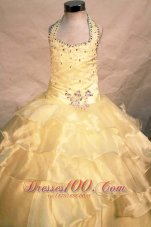 Customize Light Yellow Halter Pageant Gowns for Glitz
