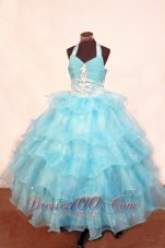 Layer Halter Aqua Ball gown for Sweet Fifteen Appliques