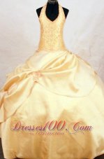 Beautiful Halter Beading LIL Girl Pageant Dresses Gold