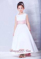 Simple White and Pink Ankle-length Little Girls Formal Dresses
