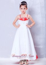 Little Girl Dress White and Red Straps Embroidery Satin