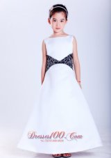White and Black Scoop Satin Flower Girl Pageant Dress