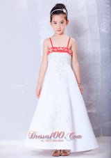 Wine Red Flower Girl Pageant Dress Straps Embroidery