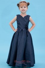 V Neck Navy Blue Little Girl Flower Dress Taffeta