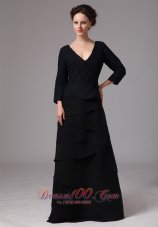 Black V-neck Layers Mother Dress 3/4 Length Sleeves