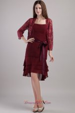 Layered Burgundy Mother Bride Dress With Lace Jacket