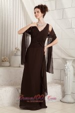 Brown V-Neck Ruched Chiffon Mother In Law Dress