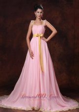Pink Court Train Appliques Bowknot Prom Dress