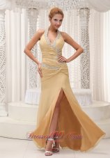 High Slit Beaded Decorate Halter Prom / Evening Dress