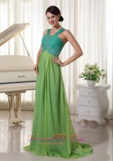 Brush Train Turquoise and Spring Green Prom Dress