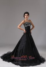 Black Organza Prom Dress With Brush Train Princess
