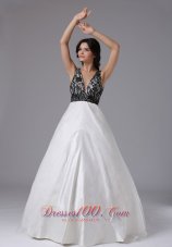 Black Lace White Organza Deep Neck Prom Dress