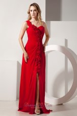 One Shoulder Hand Flowers Prom / Evening Dress With Slit