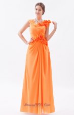 Orange Column Asymmetrical Straps Floral Trimmed Prom Dress