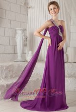 One Shoulder Watteau Beading Prom Dress Purple