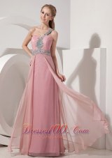Pink Prom Dress One Shoulder Chiffon Crystal