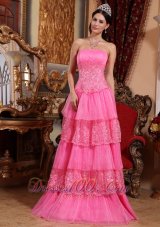 Pretty Pink Empire Organza Prom Dress Lace Appliques