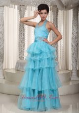 Lovely Aqua Blue Halter Beading Prom Evening Dress
