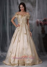 Off The Shoulder Flowers Champagne Prom Dress