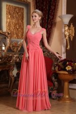 Straps Pleated Watermelon Prom Gown with Beads