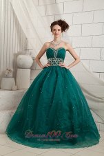 Bubbled Green Beads Decorate Organza Quinceanera dress