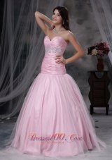 Baby Pink Ruched Tulle Tafeta Prom Dress Beaded