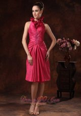 Knee Length High Neck Beaded Prom Dress Hot Pink