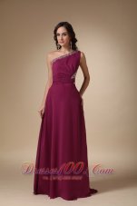 Burgundy One Shoulder Prom Evening Dress with Beads