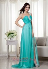 Turquoise High Slit Applique chiffon Prom Dress Ruched